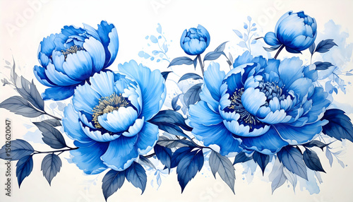 Watercolor Painting of Blue Peonies