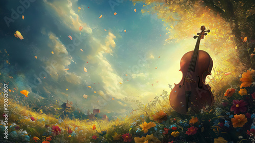 A cello is placed in a colorful flower sea, with a background of blue sky, white clouds, and dense forests, creating a dreamy artistic atmosphere.