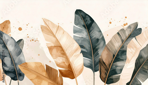 Watercolor Tropical Leaves Design with Beige and Brown Hues