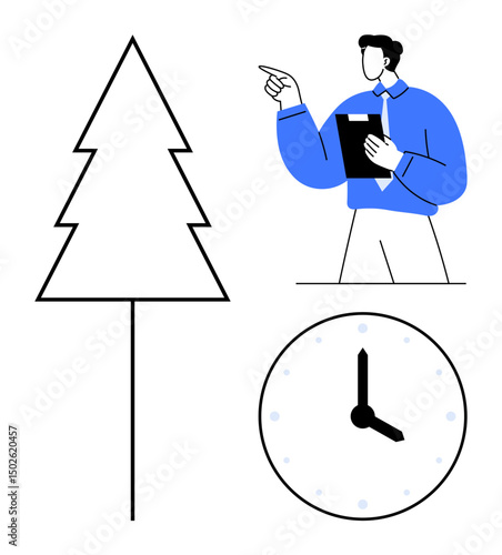 Minimalistic design featuring man with clipboard pointing at tree and clock. Ideal for sustainability, time management, productivity, planning, ecology, decision-making, workplace skills. Flat simple