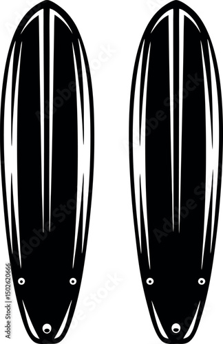 Stylized black and white surfboard pattern with symmetrical abstract facial elements vector silhouette