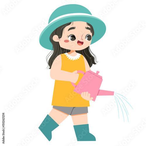 Adorable asian girl watering plant in farmland on a summer time.eps