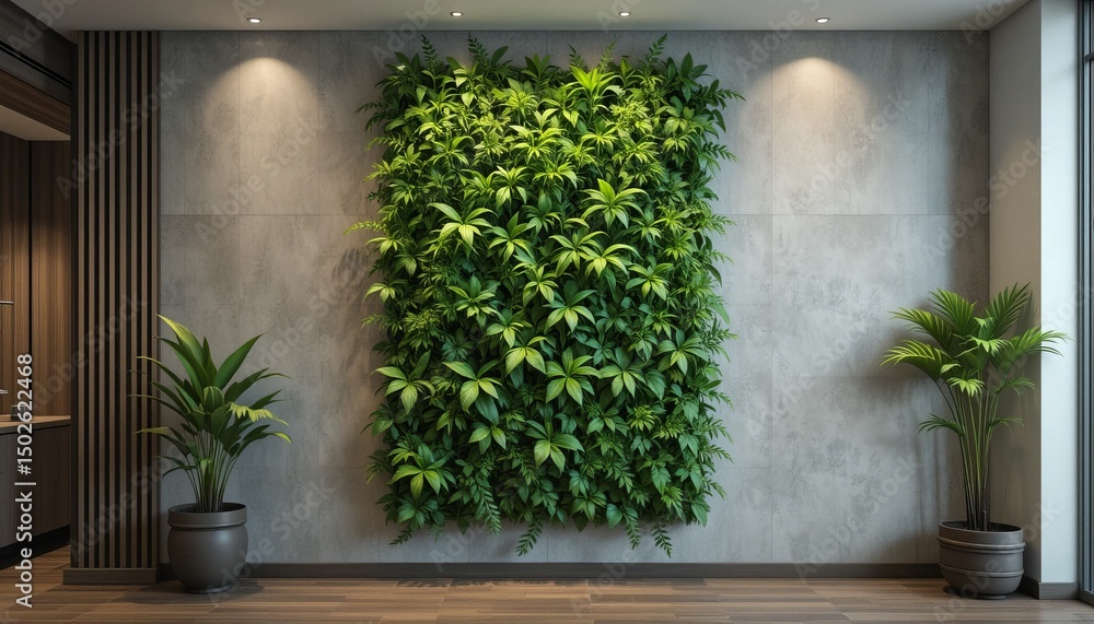 Fototapeta premium Vertical garden creates a tranquil ambiance with potted plants in a serene indoor setting, indoors