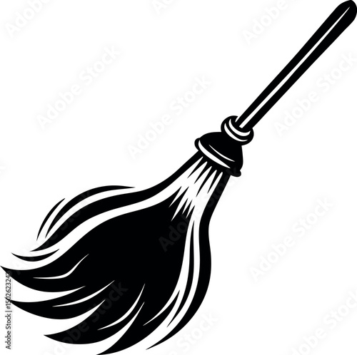 Stylized black and white broom icon for cleaning or witchcraft purposes vector silhouette