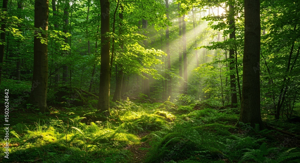 Obraz premium Sunbeams Illuminating Lush Green Forest Path