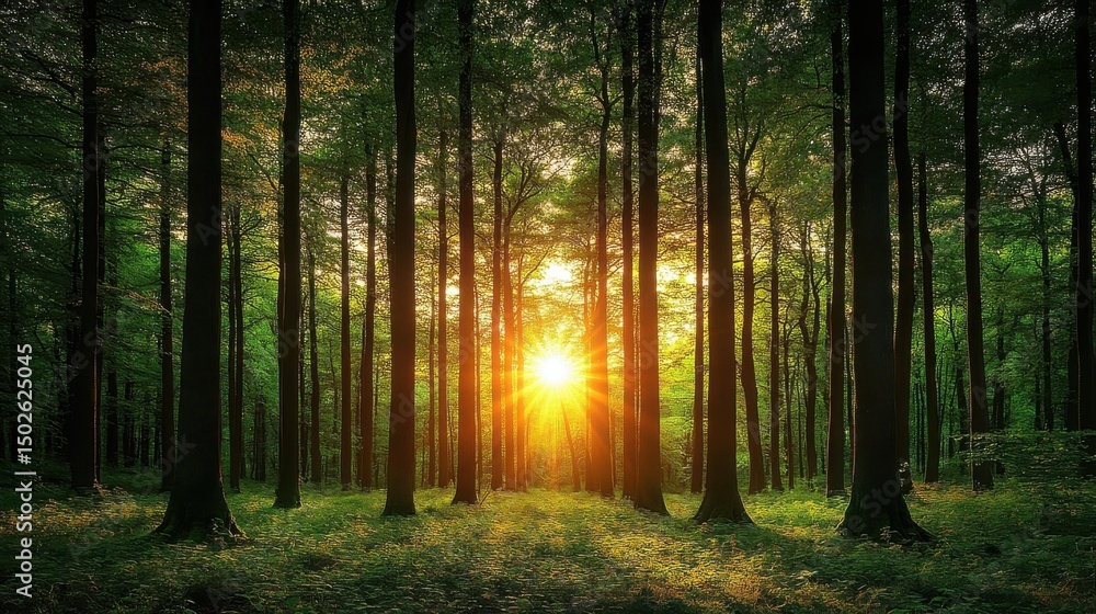 Sunlight Bursting Through Dense Woodland Trees in Lush Green Forest Sunlight Bursting Through Dense Woodland Trees in Lush Green Forest