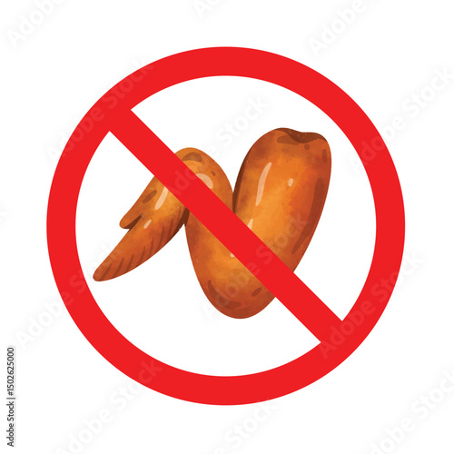 Forbidden sign with chicken wings icon, no chicken wing allowed sign, chicken meat prohibition symbol, do not eat chicken sign