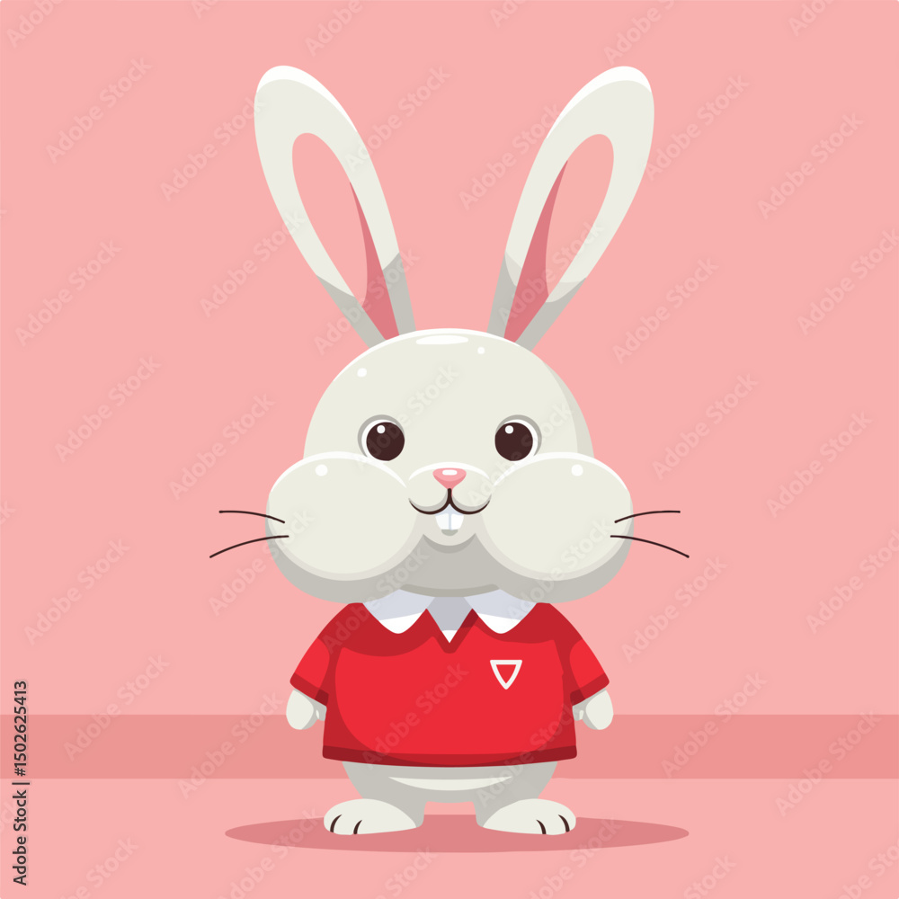 Fototapeta premium A cute cartoon bunny with white fur and a red shirt, standing against a pink background, showcases a simple and adorable design.