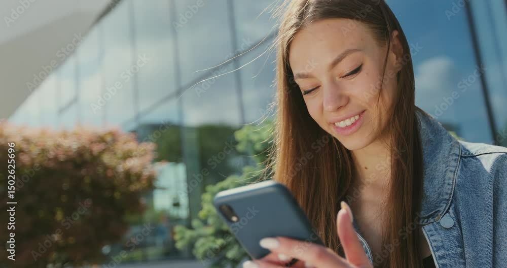 Happy woman holding smartphone, surfing, using mobile apps for online shopping, e learning or social media sitting outdoor in modern city. Happy woman holding smartphone, surfing, using mobile apps for online shopping, e learning or social media sitting outdoor in modern city.