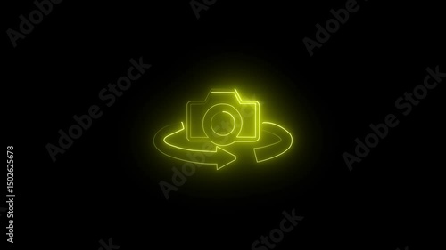 Neon Camera Icon Circular Motion Animation - Futuristic Digital Design, Dark Background. Modern Tech Design High-Tech Visual, Nighttime Digital Illustration, Dynamic Light Trails, Sleek Modern Style