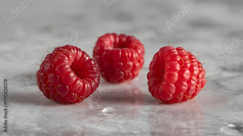 Three raspberries on a marble surface, monochrome background, accented with water droplets.