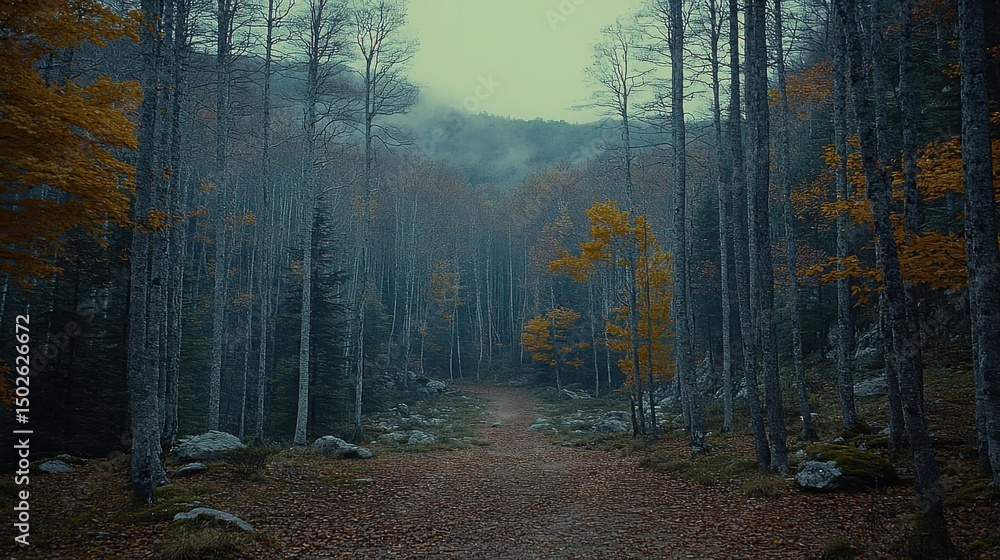 Fototapeta premium Pathway Through Autumnal Forest With Bare Trees and Colorful Foliage in Overcast Day