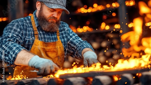Bearded Blacksmith Forging Metal in Dark Workshop