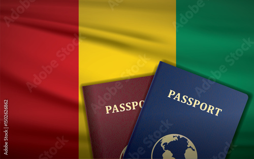 Guinea Passports with Flag of Guinea Background	