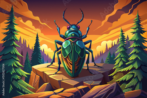 A jewel beetle with its shimmering vector, iridescent exoskeleton reflecting the sunlight background