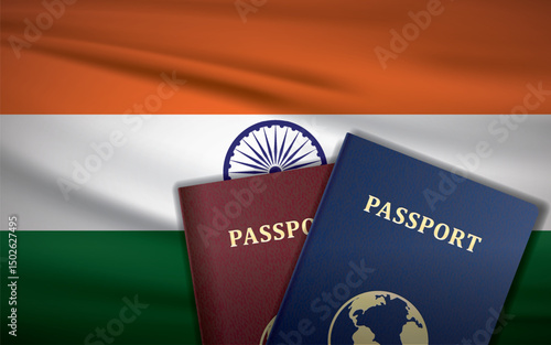 India Passports with Flag of India Background	
