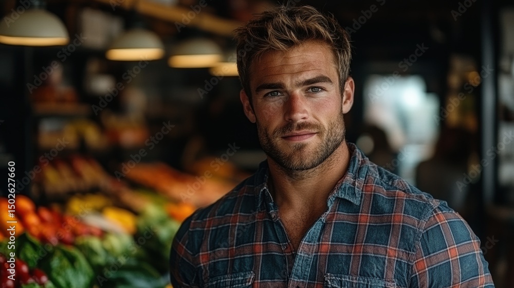Portrait of handsome man standing in marketplace with fresh organic food produce abundance Portrait of handsome man standing in marketplace with fresh organic food produce abundance