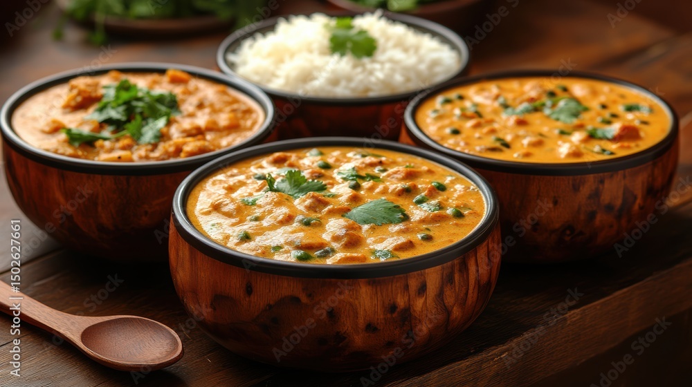 Creamy chicken curry with rice in wooden bowls on a wooden table culinary delight savory food