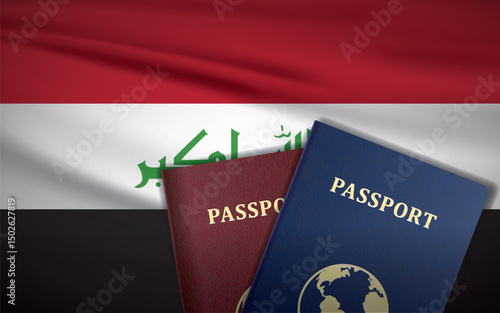 Iraq Passports with Flag of Iraq Background	