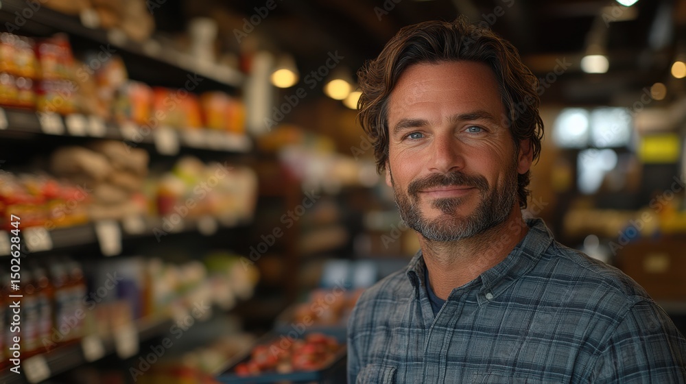 Smiling man shopping in grocery store wearing casual shirt and stubble beard captured at eye level Smiling man shopping in grocery store wearing casual shirt and stubble beard captured at eye level