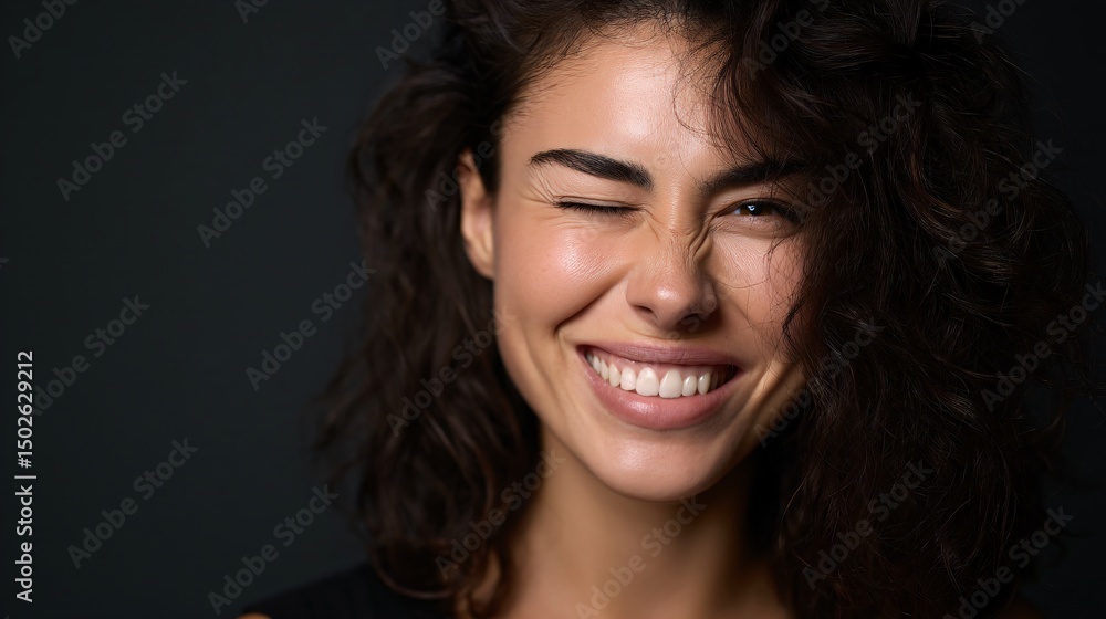 Joyful woman smiling and winking indoor portrait emotional facial expressions dark background close-up view Joyful woman smiling and winking indoor portrait emotional facial expressions dark background close-up view
