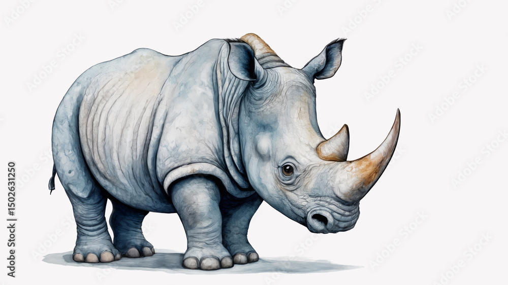 Fototapeta premium Watercolor image of a rhinoceros in grey and blue tones with expressive details on a light background