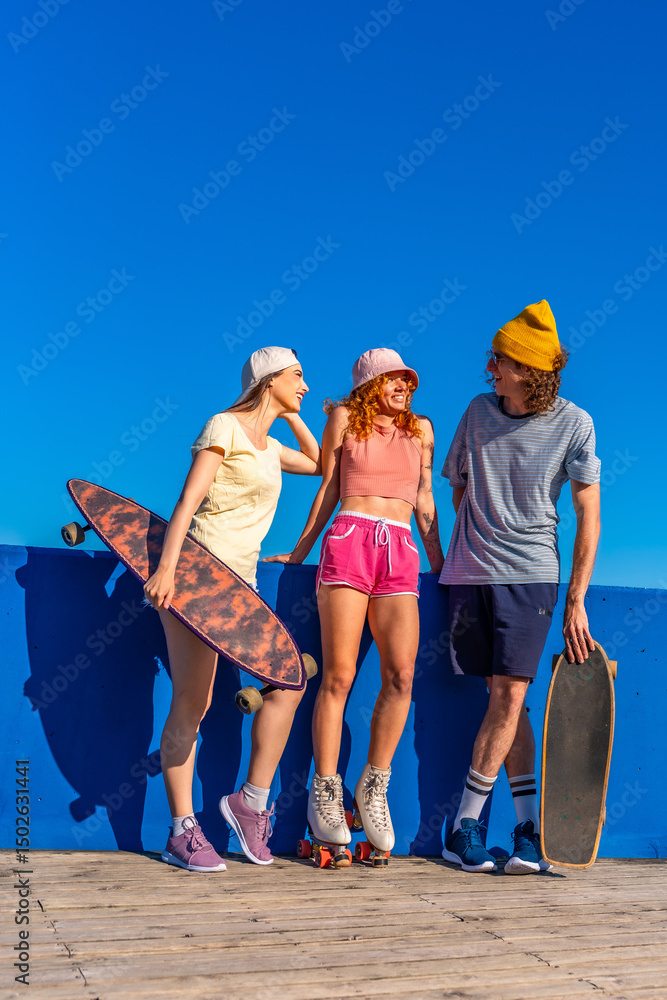Obraz premium Group of young skaters chatting and enjoying sunny day by blue wall