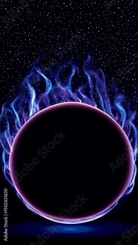 A striking abstract design featuring a black circular void surrounded by vibrant blue and purple flaming waves