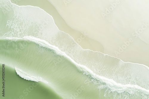 Aerial view of light green beach waves. Soft, pale color palette.  Sand and foam