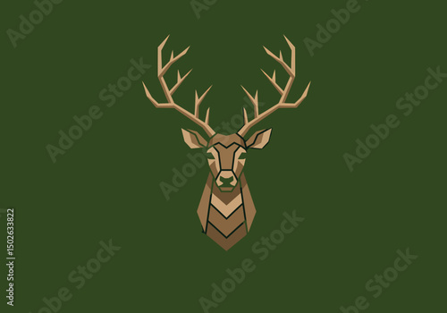 Geometric deer head logo in flat vector style, symmetrical antlers, forest green and tan colours.