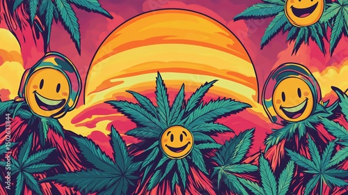 Happy Cannabis Sunset: Psychedelic Smiley Faces in Marijuana Paradise