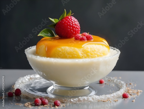 Food Art Photography of Ice Cream and Yellow Pudding.