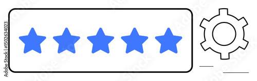 Five blue stars in a rectangular frame next to a gear. Ideal for feedback, quality management, user satisfaction, ratings, evaluation, optimization, simple landing page