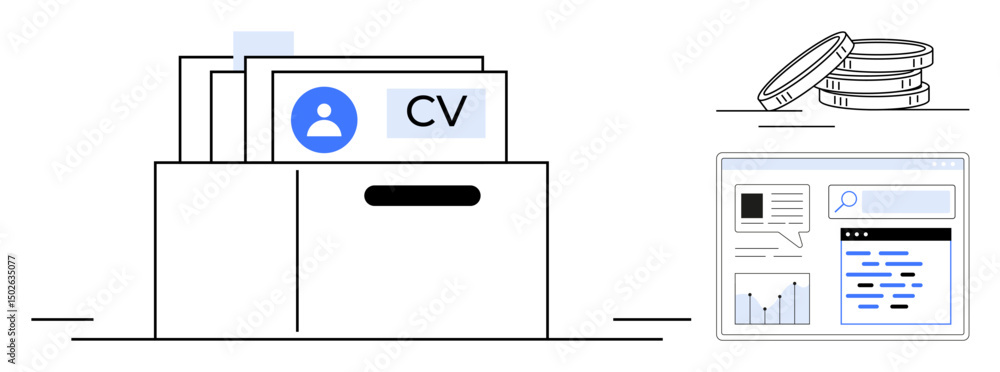 CVs in a document folder, magnifying glass examining profiles, and digital analytics on a screen. Ideal for recruitment, HR, employee search, resume review, hiring, job market simple landing page CVs in a document folder, magnifying glass examining profiles, and digital analytics on a screen. Ideal for recruitment, HR, employee search, resume review, hiring, job market simple landing page