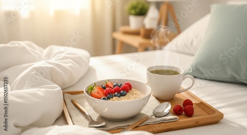 Wallpaper Mural Healthy Breakfast in Bed Oatmeal with Berries and Tea Torontodigital.ca