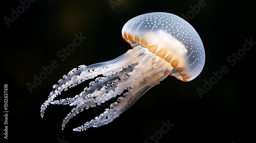 Close-up of a jellyfish glowing softly in the dark ocean depths showcasing its translucent body and tentacles.