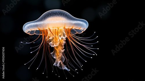 Close-up of a jellyfish glowing softly in the dark ocean depths showcasing its translucent body and tentacles.