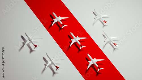 Commercial airliner models arranged on red background for travel theme