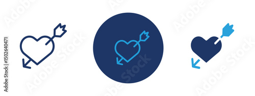 Set of colored pixel perfect heart and arrow Amour icon  with 1 unexpanded, 1 silhouette, Heart with arrow icon symbolizing love, romance, and affection.