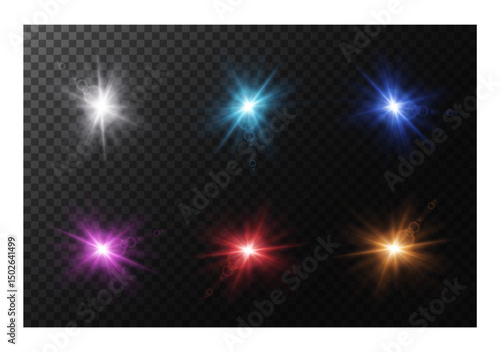 Set of realistic stars with bright rays of light. Lens glare on transparent background. Vector illustration.