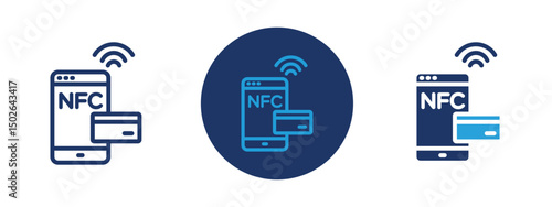 Set of colored pixel perfect NFC wireless payment icon  with 1 unexpanded, 1 silhouette, NFC payment icon showing contactless transaction technology.