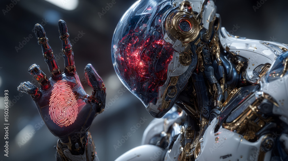 Fototapeta premium Hands of robots touch data privacy by collecting, storing, and processing personal information like biometrics and identification data. Robots must ensure secure storage and limited processing.