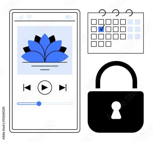 Smartphone interface displays meditation app with playback controls, a calendar marking scheduled sessions, and a security lock icon. Ideal for wellness, mindfulness, organization, privacy, focus