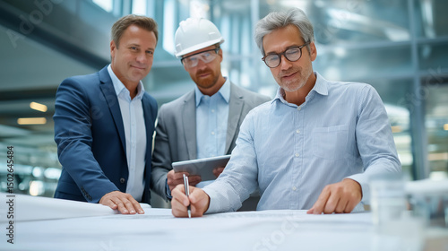 Architect and engineer collaborating on building design in modern office photo