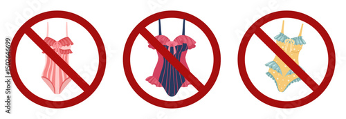 Vector illustration of vintage ruffled swimsuits crossed out with red prohibition signs. Wear revealing swimsuits in ban. Flat cartoon style.