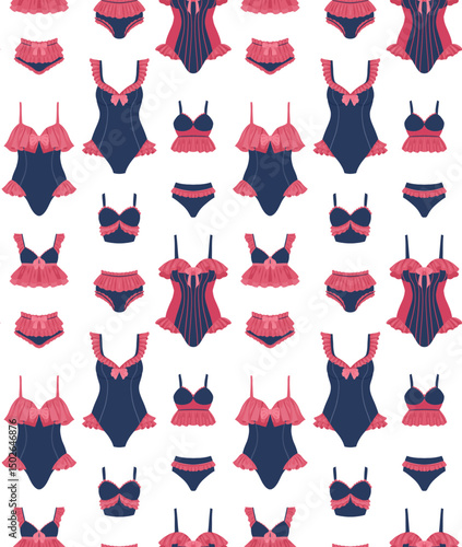 Vector summer pattern with vintage swimsuits in row. Texture with summerwear in pin up cartoon style
