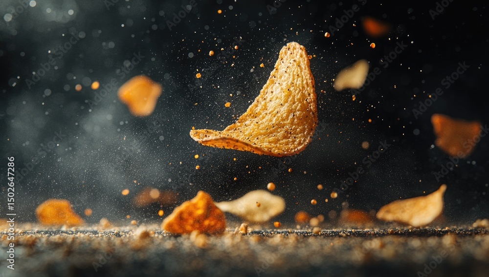 Crispy chips in mid-air, with a dark background and scattered particles Crispy chips in mid-air, with a dark background and scattered particles