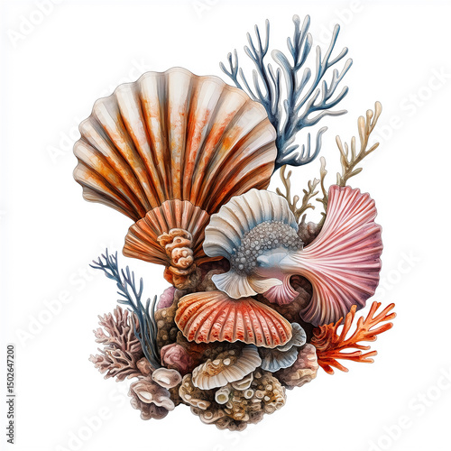 A colorful combination of shells, corals, and starfish showcases the diversity and natural beauty of marine life.