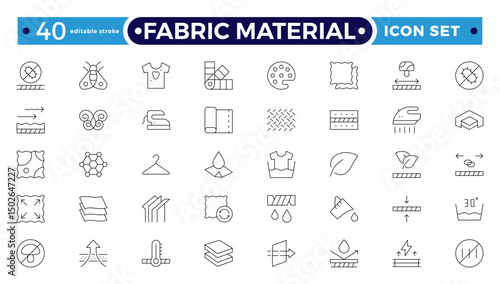 Fabric Material outline Icons set. Vector illustration of textile related icons: thermos, recycled, bamboo, product, industry, shop, leather, textile, cotton, wool. Editable stroke outline icon.