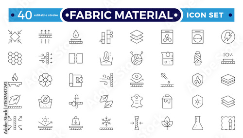 Fabric Material outline Icons set. Vector illustration of textile related icons: thermos, recycled, bamboo, product, industry, shop, leather, textile, cotton, wool. Editable stroke outline icon.
